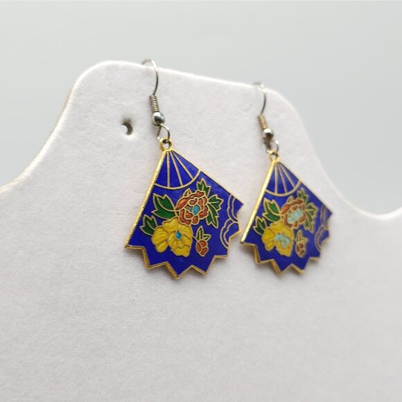 Vintage Cloisonné Fan Shaped Dangle Earrings Floral Design Gold-Tone - Picture 2 of 4